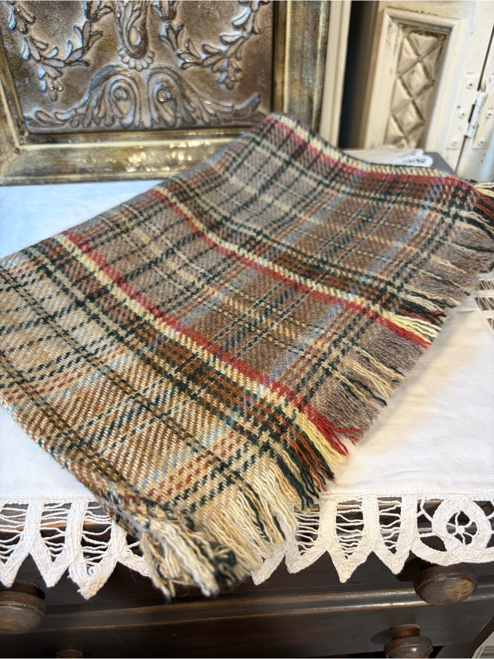 Vintage long plaid wool scarf